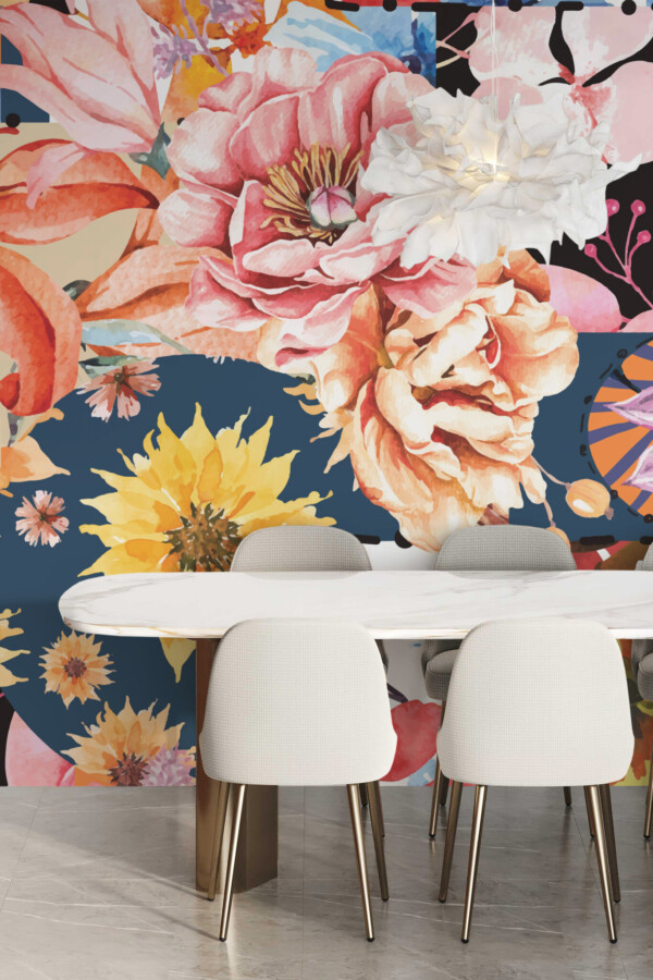 Watercolor flower collage by Fancy Walls wall mural peel and stick option with vibrant texture