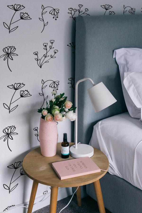 Rustic style bedroom decorated with Flower peel and stick wallpaper