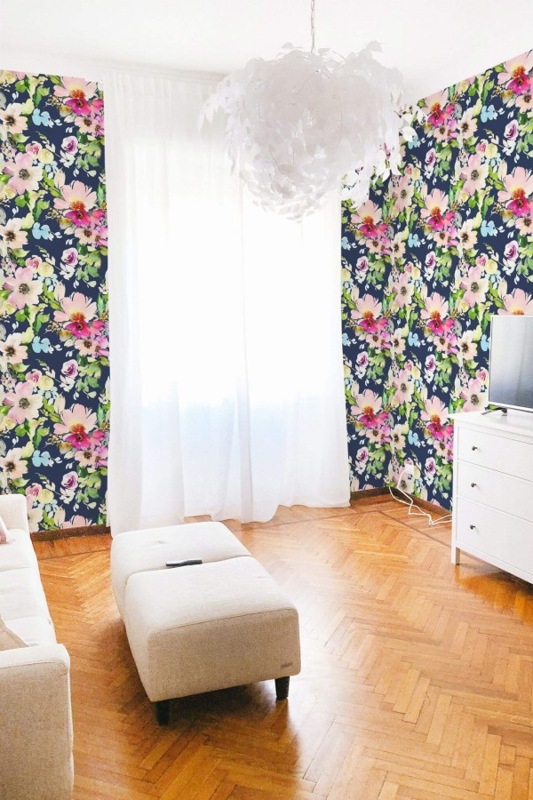 Modern boho style living room decorated with Flowers peel and stick wallpaper