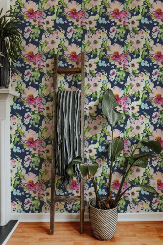 Scandinavian style living room decorated with Flowers peel and stick wallpaper