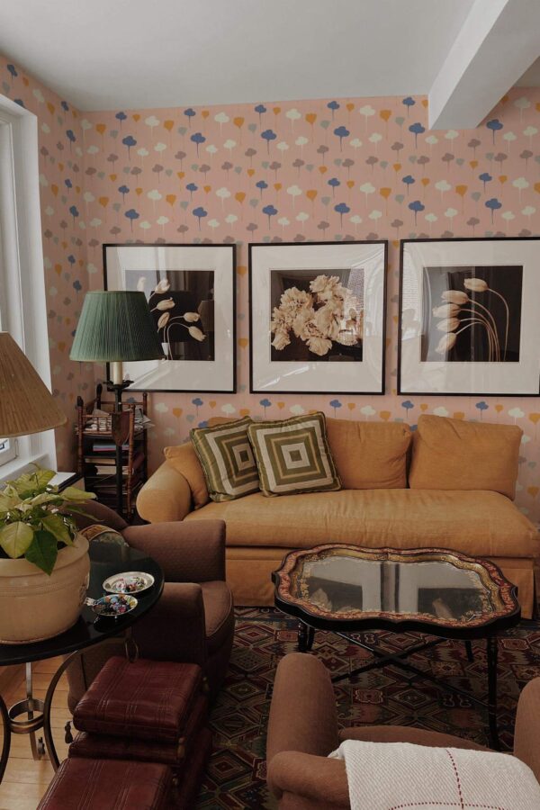 Mid-century eclectic style living room decorated with Flowers seamless pattern peel and stick wallpaper