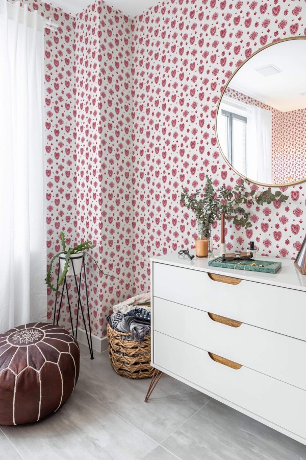 Scandinavian style bedroom decorated with Folk heart pattern peel and stick wallpaper and Mediterranean accents