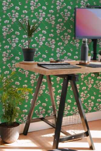 Scandinavian style home office decorated with Forest green cotton peel and stick wallpaper