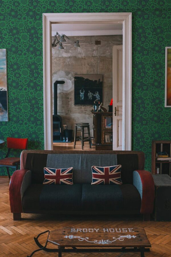 Industrial rustic style living dining room decorated with Forest green flowers peel and stick wallpaper