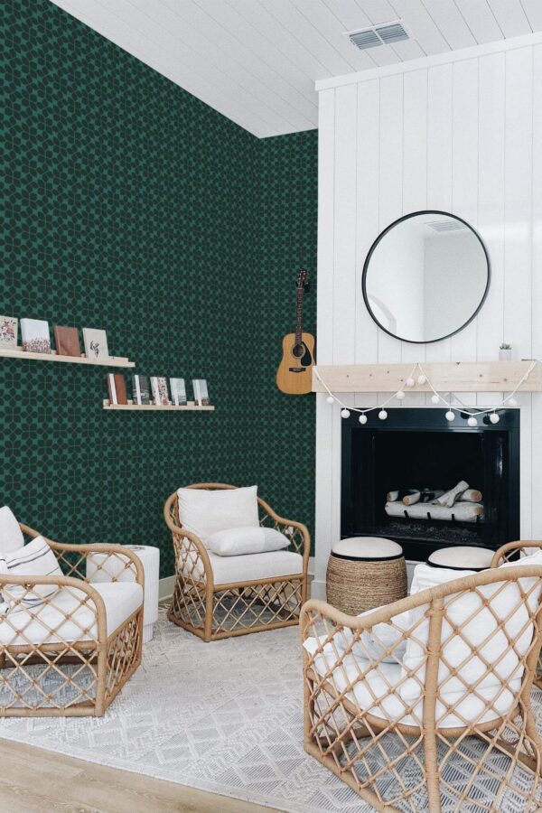 Minimal bohemian style living room decorated with Forest green tile peel and stick wallpaper