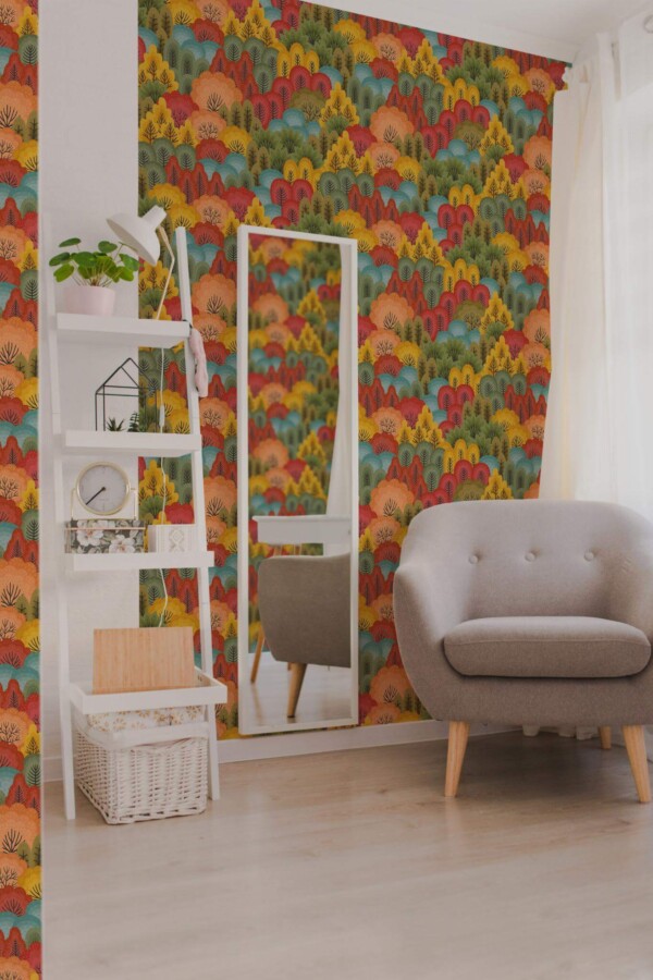 Light boho style living room decorated with Forest in fall peel and stick wallpaper