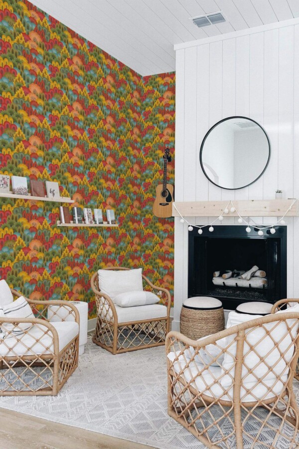 Minimal bohemian style living room decorated with Forest in fall peel and stick wallpaper
