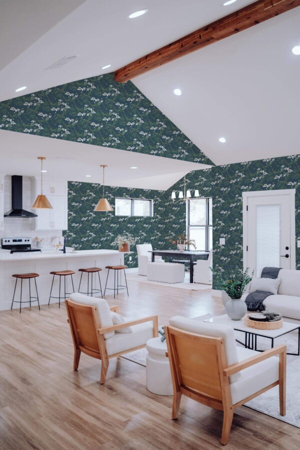 Contemporary style living room and kitchendecorated with Forest peel and stick wallpaper