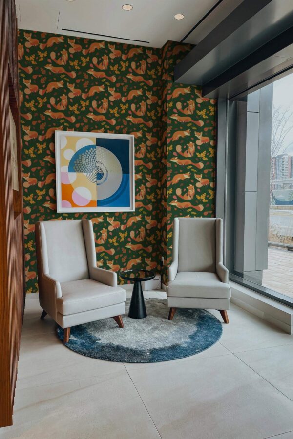 Mid-century-modern style living room decorated with Foxes in the autumn peel and stick wallpaper
