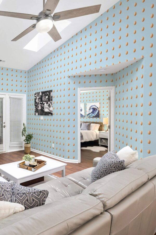 Coastal scandinavian style living room and bedroom decorated with Fresh eggs peel and stick wallpaper