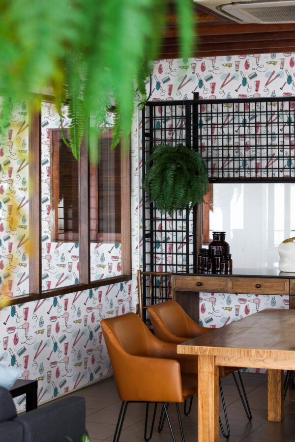 Mid-century modern style dining room decorated with Fun beauty salon peel and stick wallpaper and black industrial accents
