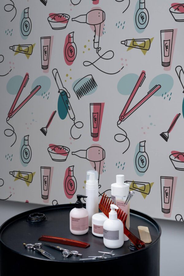 Minimal industrial style beauty salon decorated with Fun beauty salon peel and stick wallpaper
