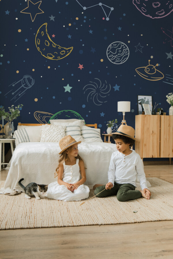 Playful Blue Galaxy Wall Mural with planets and stars in line art on a blue background, ideal for kids’ rooms, play areas, or space-themed interiors.