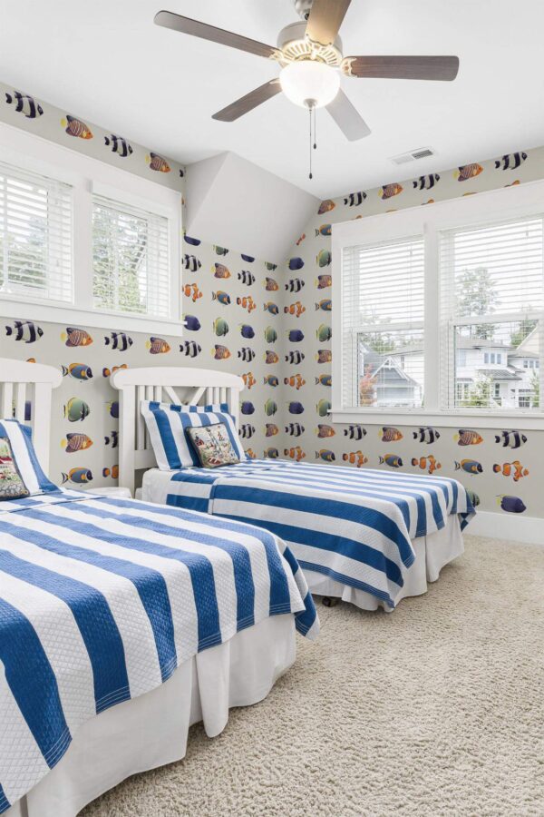 oastal style kids room decorated with Fun fish bathroom peel and stick wallpaper