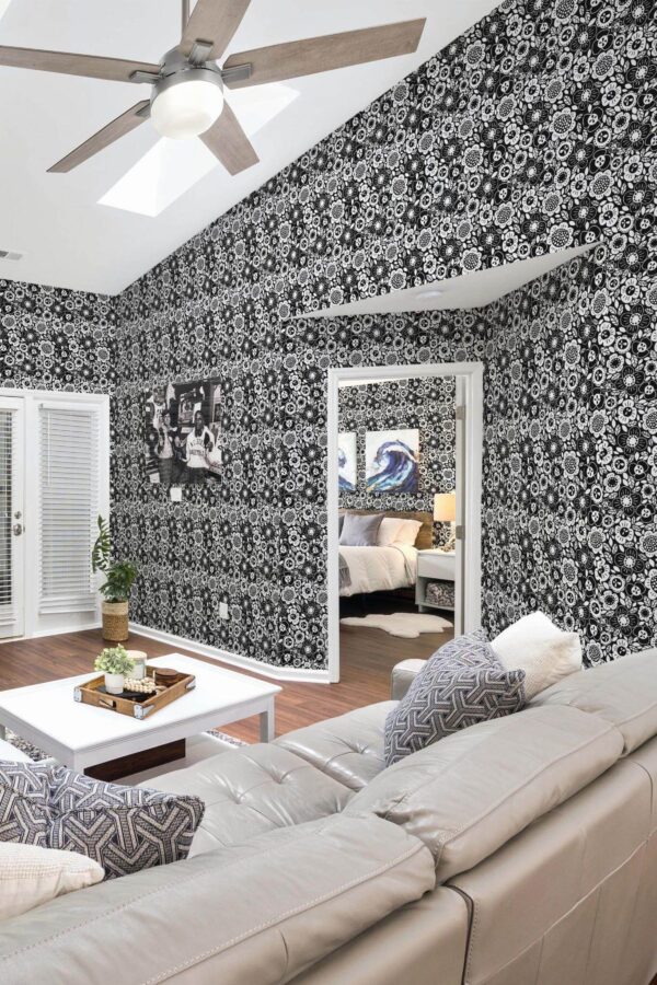 Coastal scandinavian style living room and bedroom decorated with Fun floral peel and stick wallpaper