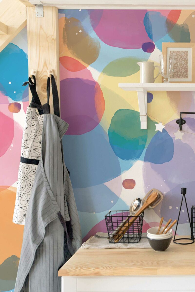 Vibrant Fun Kitchen Wall Mural with colorful overlapping watercolor circles on a light background, perfect for kitchens, dining areas, or playful accent walls.