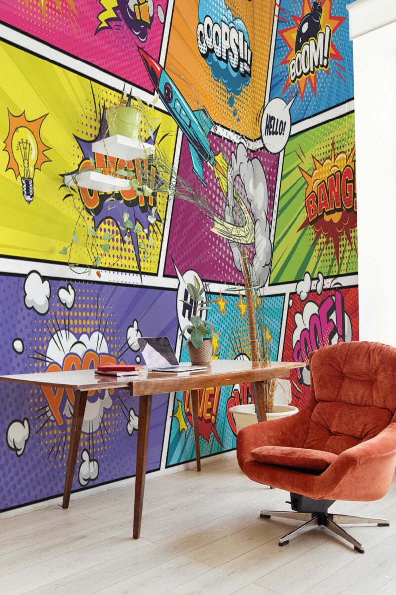 Colorful Comic Game Room Wall Mural with bold comic-style illustrations in bright colors, perfect for playful game rooms, kids’ spaces, or accent walls.