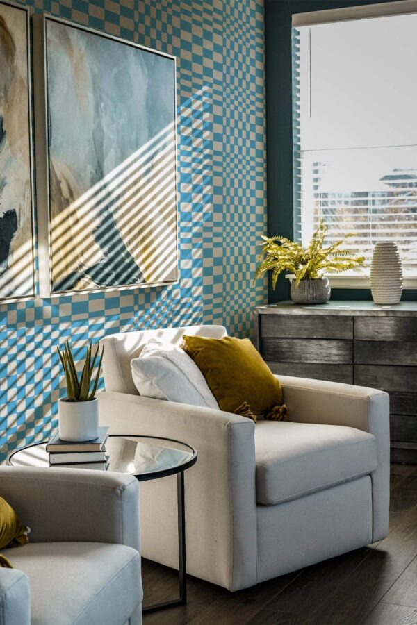 Shabby chic style living room decorated with Funky blue illusion peel and stick wallpaper