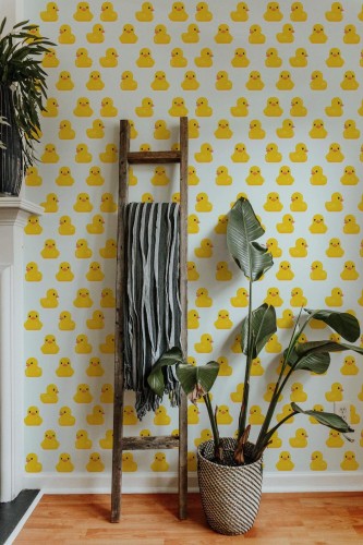 Funky duck peel and stick wallpaper in eclectic room with yellow rubber ducks, wooden ladder, and tropical potted plant
