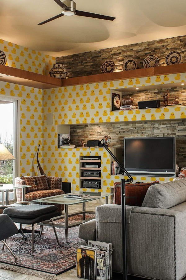 Scandinavian style living room decorated with Funky duck bathroom peel and stick wallpaper and Mediterranean accents