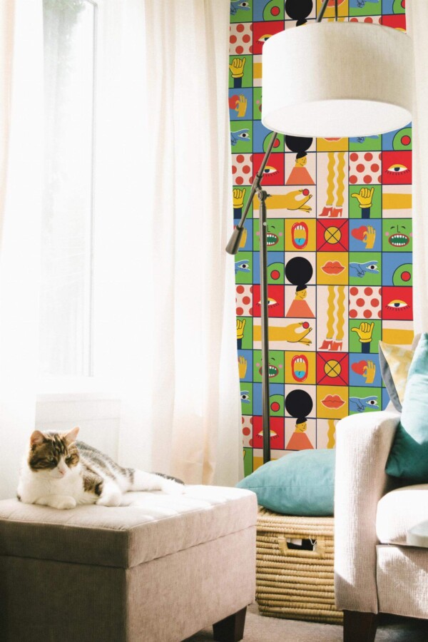 Coastal style living room decorated with Funky Fun peel and stick wallpaper
