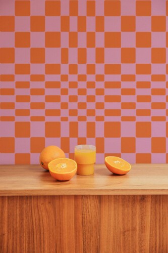 Mid-century style living room decorated with Funky illusion peel and stick wallpaper