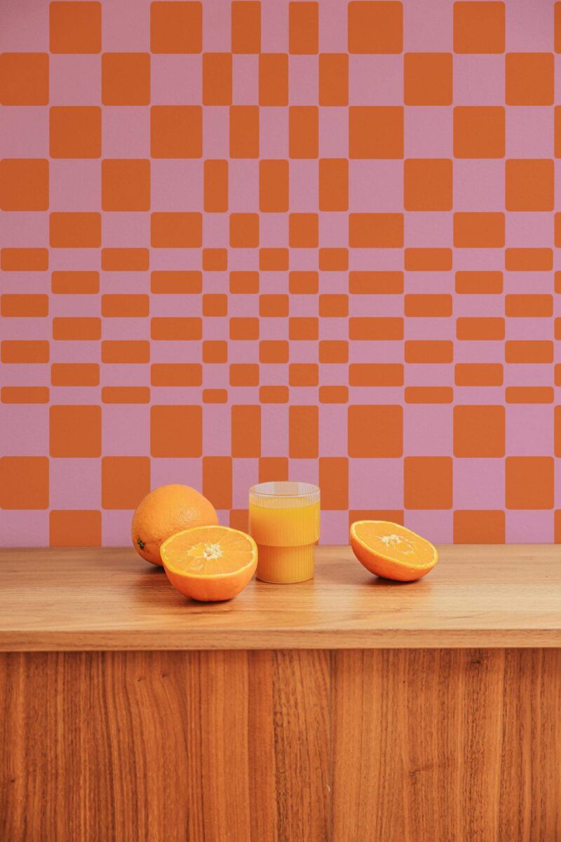 Mid-century style living room decorated with Funky illusion peel and stick wallpaper