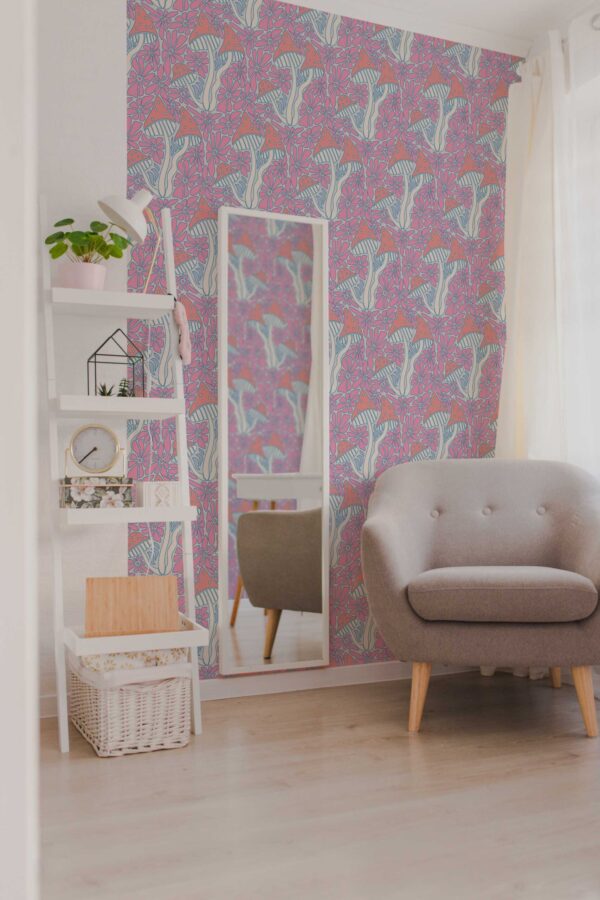 Fancy Walls funky psychedelic mushrooms peel and stick wallpaper pink
