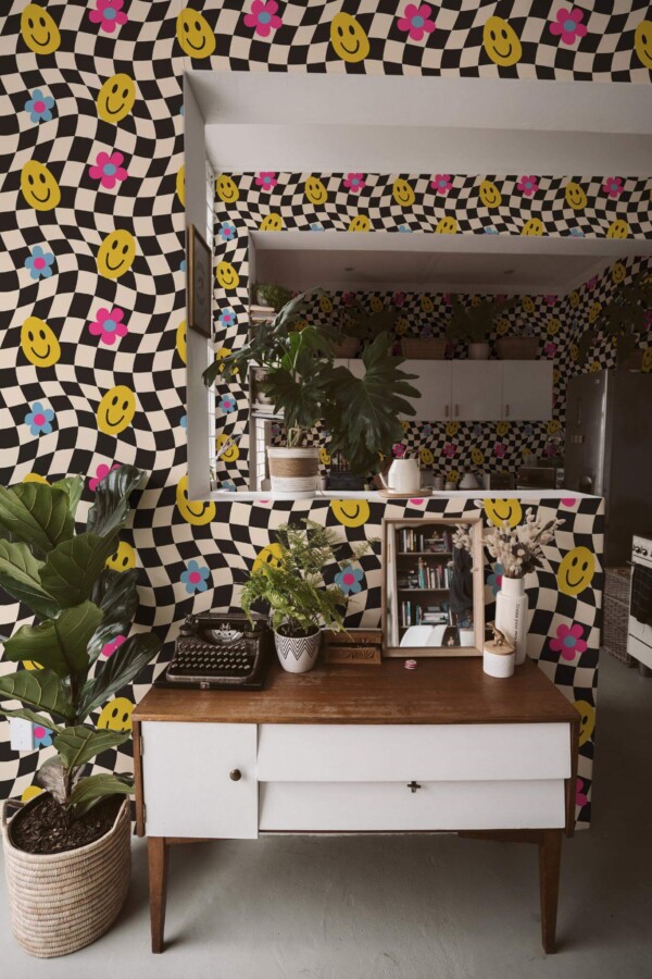 Boho style living room and kitchen decorated with Funky peel and stick wallpaper and green plants