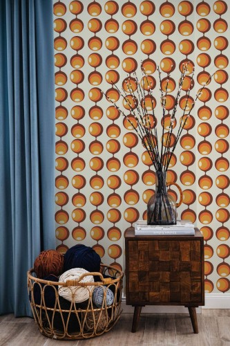 Coastal style living room decorated with Funky retro peel and stick wallpaper