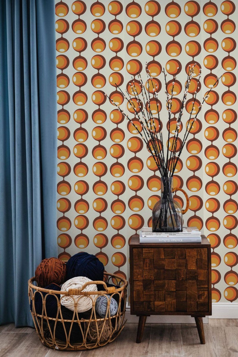 Coastal style living room decorated with Funky retro peel and stick wallpaper