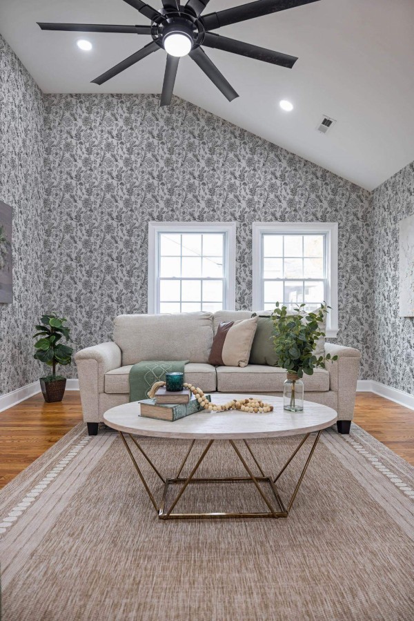 Scandinavian style living room decorated with Garden peel and stick wallpaper