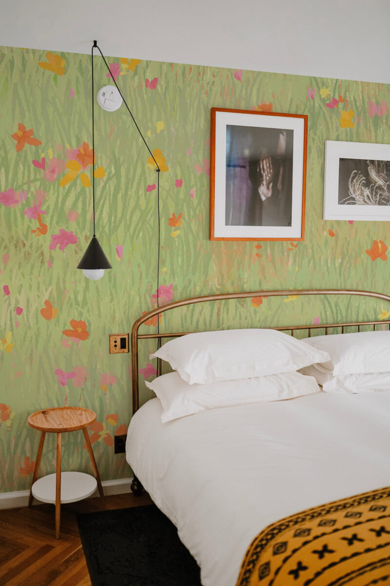 Colorful Garden peel and stick or non-pasted wall mural. Fancy Walls removable self-adhesive or traditional green and pink floral eco-friendly and PVC-free bedroom mural wallpaper.