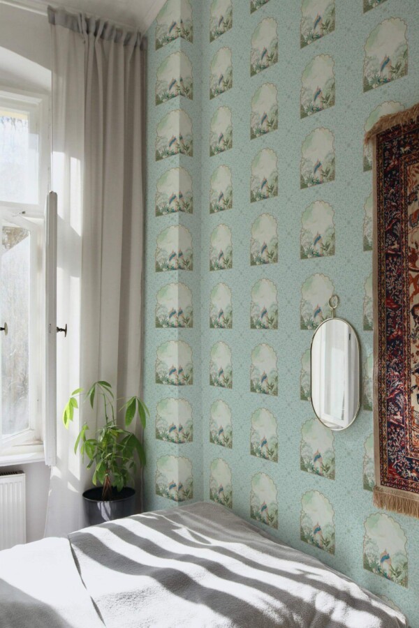 Bohemian style bedroom decorated with Gardens of Jaipur peel and stick wallpaper