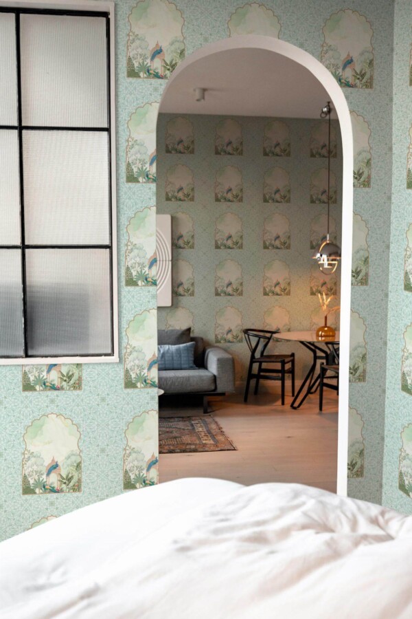 Modern scandinavian style living room decorated with Gardens of Jaipur peel and stick wallpaper