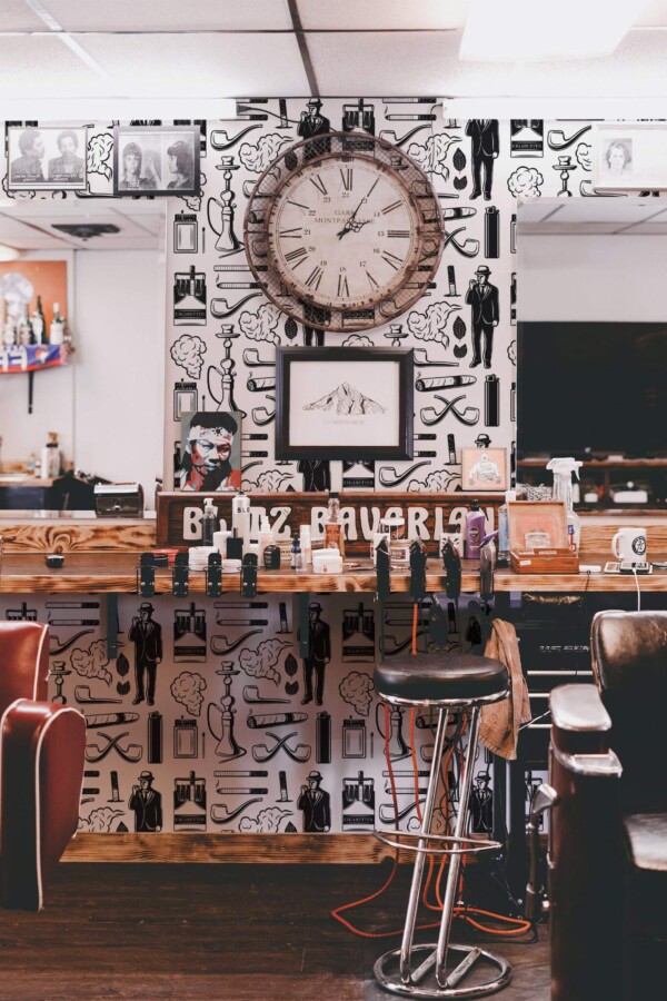 Rustic farmhouse style barber shop decorated with Gentleman kit peel and stick wallpaper