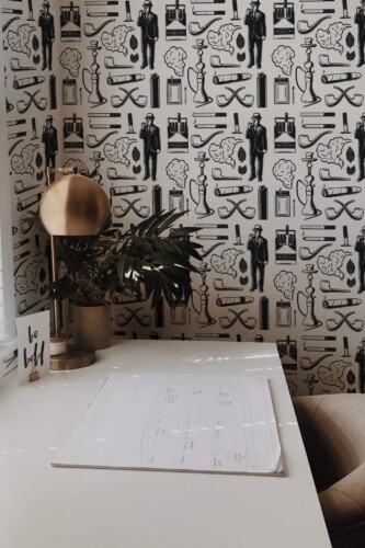 Rustic style home office decorated with Gentleman kit peel and stick wallpaper