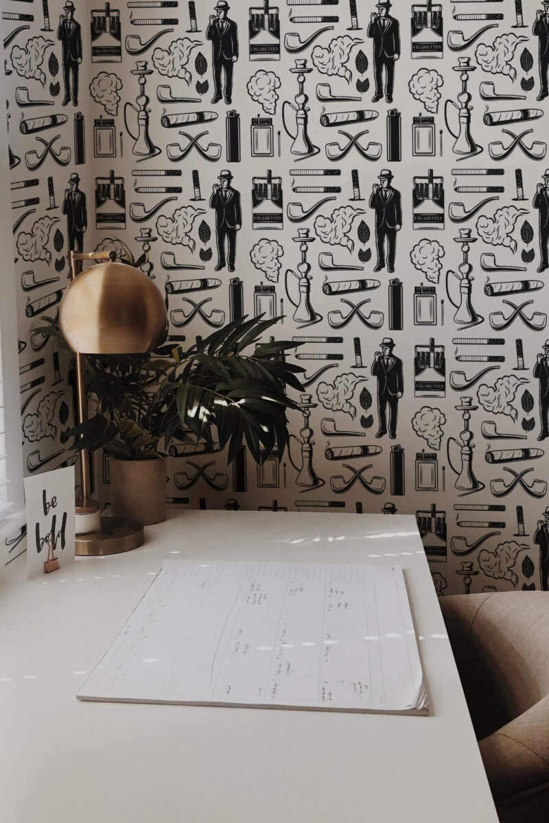 Rustic style home office decorated with Gentleman kit peel and stick wallpaper