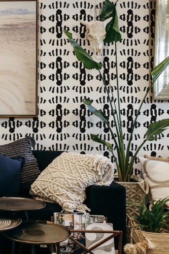 Scandinavian style living room decorated with Geometric abstract stripes peel and stick wallpaper
