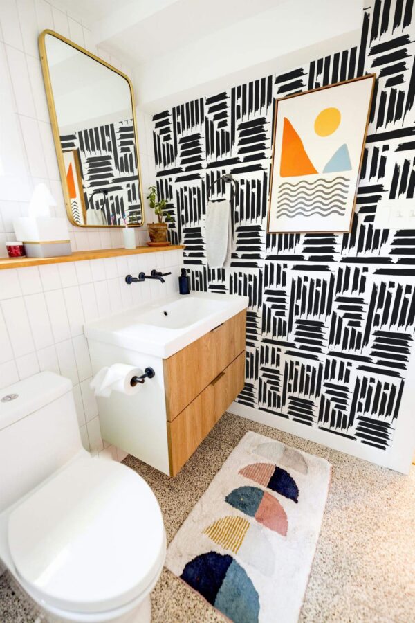 Modern boho style coffee bar decorated with Geometric Brush stroke peel and stick wallpaper
