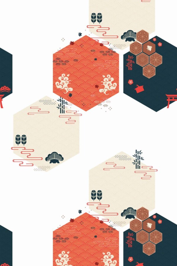 Pattern repeat of Geometric chinoiseries removable wallpaper design