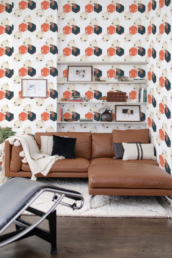 Mid-century modern style dining room decorated with Geometric chinoiseries peel and stick wallpaper