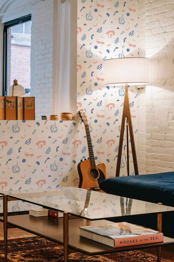 Eclectic style music room decorated with Geometric colorful shapes peel and stick wallpaper