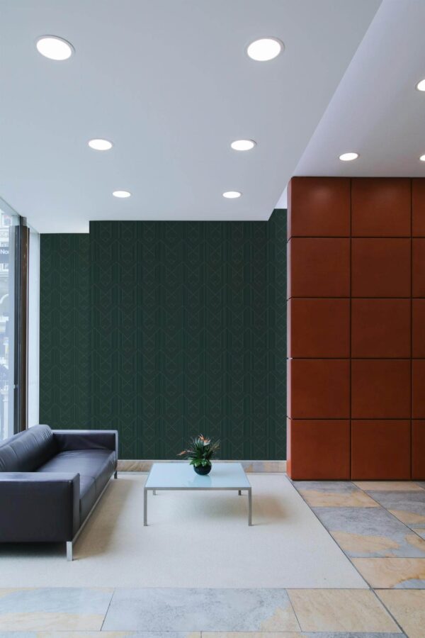 Minimal mid-century style living room decorated with Geometric green art deco peel and stick wallpaper