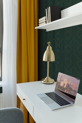 Scandinavian style home office decorated with Geometric green art deco peel and stick wallpaper