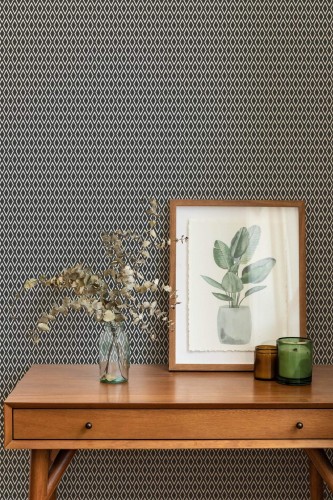 Mid-century modern style living room decorated with Geometric Harlequin peel and stick wallpaper