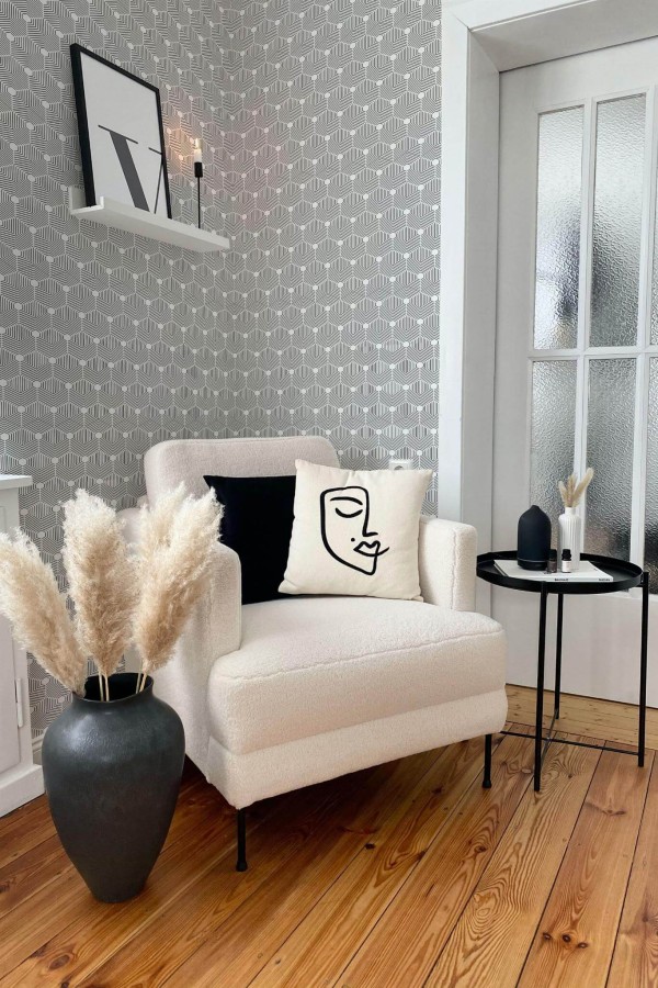 Modern boho style living room decorated with Geometric Hexagon peel and stick wallpaper