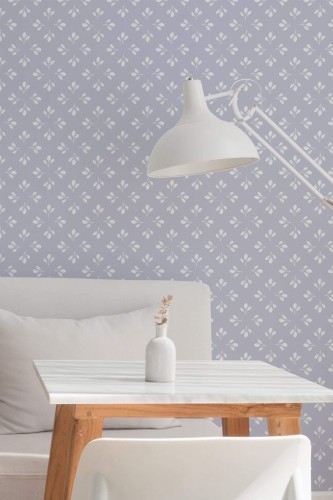 Minimal style dining room decorated with Geometric lavender leaf peel and stick wallpaper