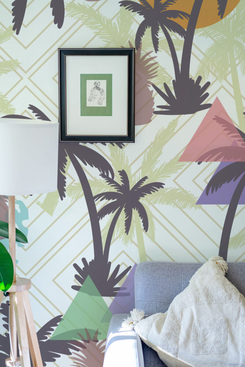 Retro Palmetto Wall Mural with palms, pineapples, and colorful geometric pastel shapes, ideal for living rooms, dining areas, or eclectic retro interiors.