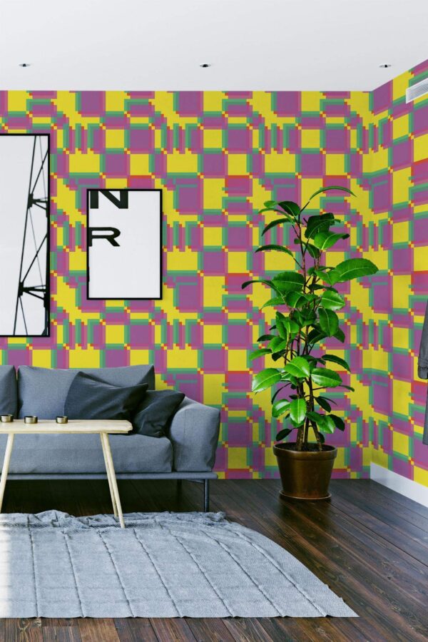 Modern scandinavian style living room decorated with Geometric Opart peel and stick wallpaper